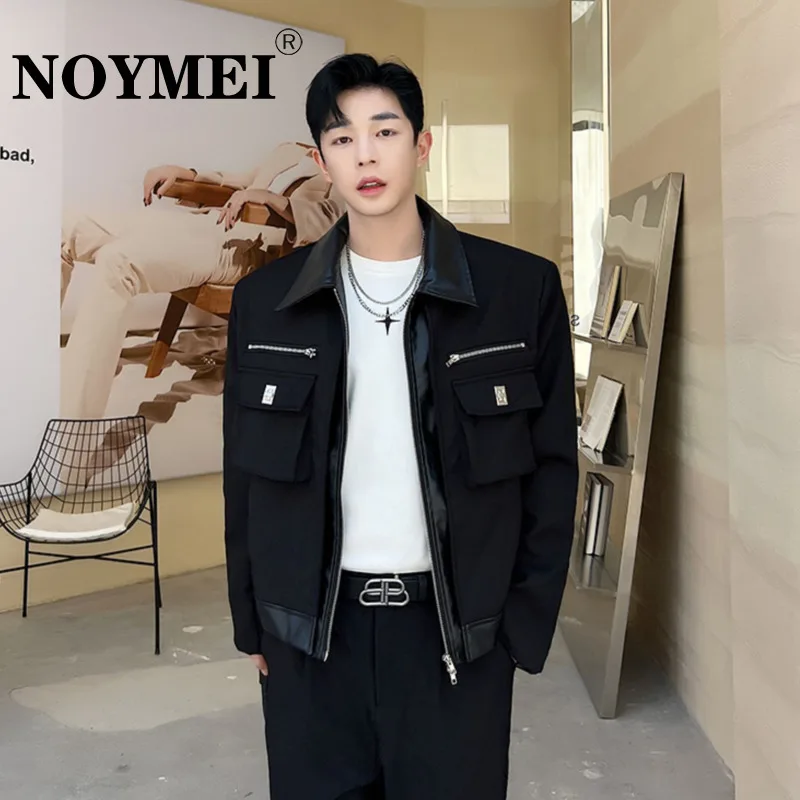 

NOYMEI Personalized Combination PU Leather Design 3D Pocket Fashion Korean Woolen Jacket 2024 Autumn Men's Coat WA3137