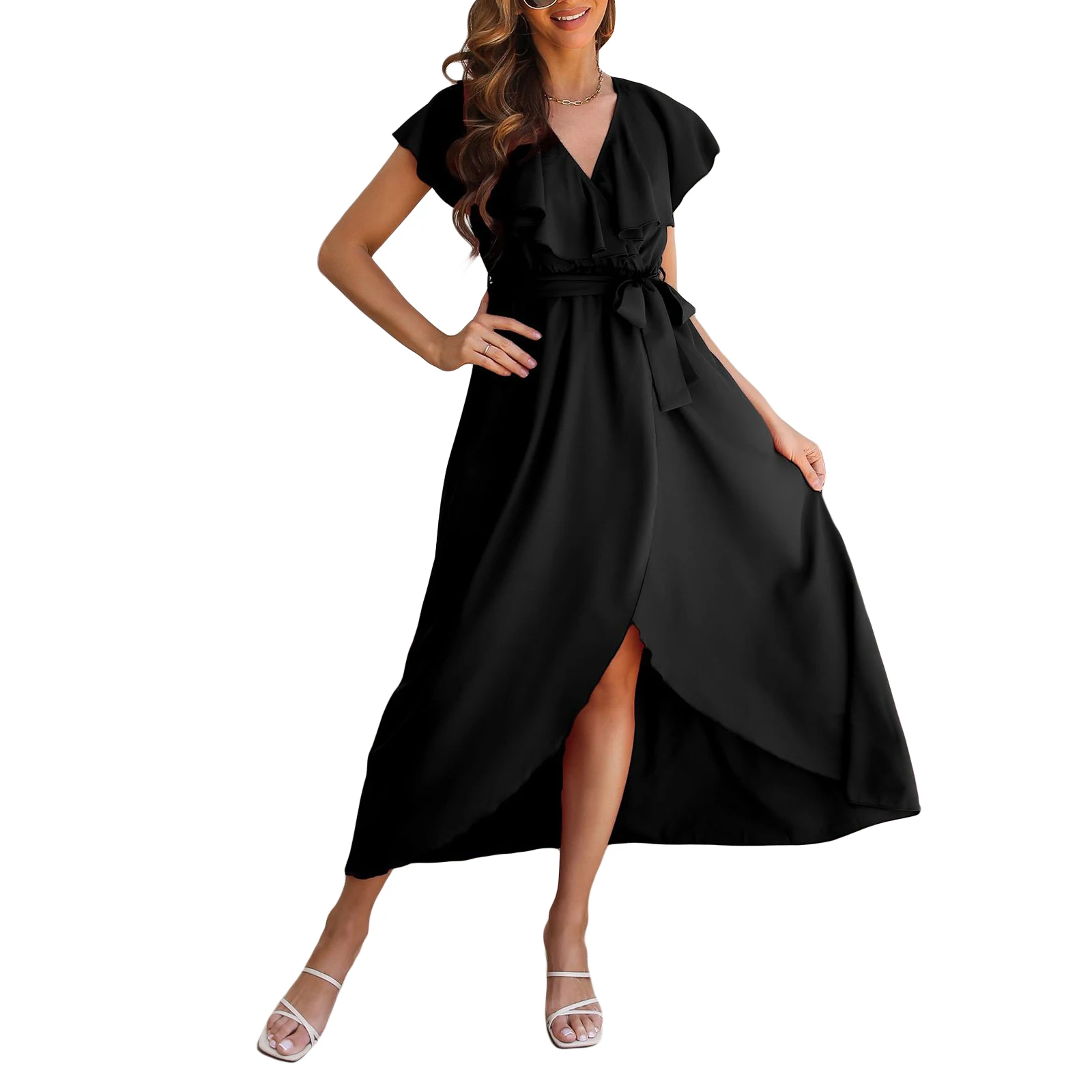 Women's Summer Ruffled Long Dress Sleeveless Wrap V Neck Solid Color Casual Belted Midi Dress Split Beach Dress
Women's Summer Ruffled Long Dress Sleeveless Wrap V Neck Solid Color Casual Belted Midi Dress Split Beach Dress
