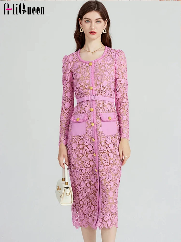 

Женское винтажное кружевное платье, розовое ажурное платье с квадратным вырезом и золотыми пуговицами, маленькие летние праздничные платья