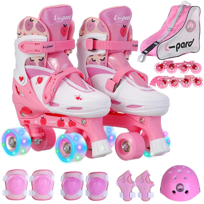 

Kids Roller Skate Shoes With Knee Elbow Pads Helmet Beginner Double Row Inline 2 In 1 Sneakers Boys Girls Flash 4 Wheels Skates