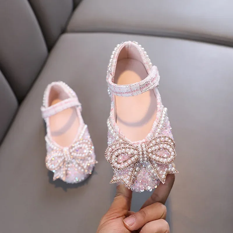 

Туфли принцессы Детские кожаные, с жемчугом, без каблука, с бантиком, элегантные универсальные, для свадьбы, милая детская обувь Мэри Джейн