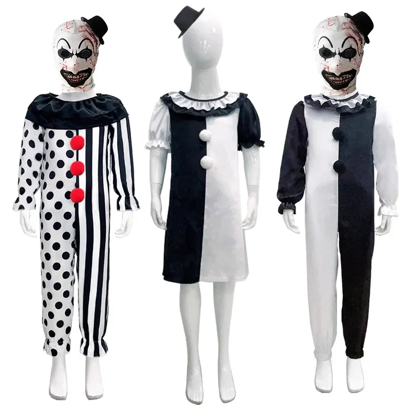 

Kids Clown Cosplay Halloween Costume with Mask Hat Terrifier Clown Dress Child Jumpsuit Outfits Boys Girls Carnival Party Suit