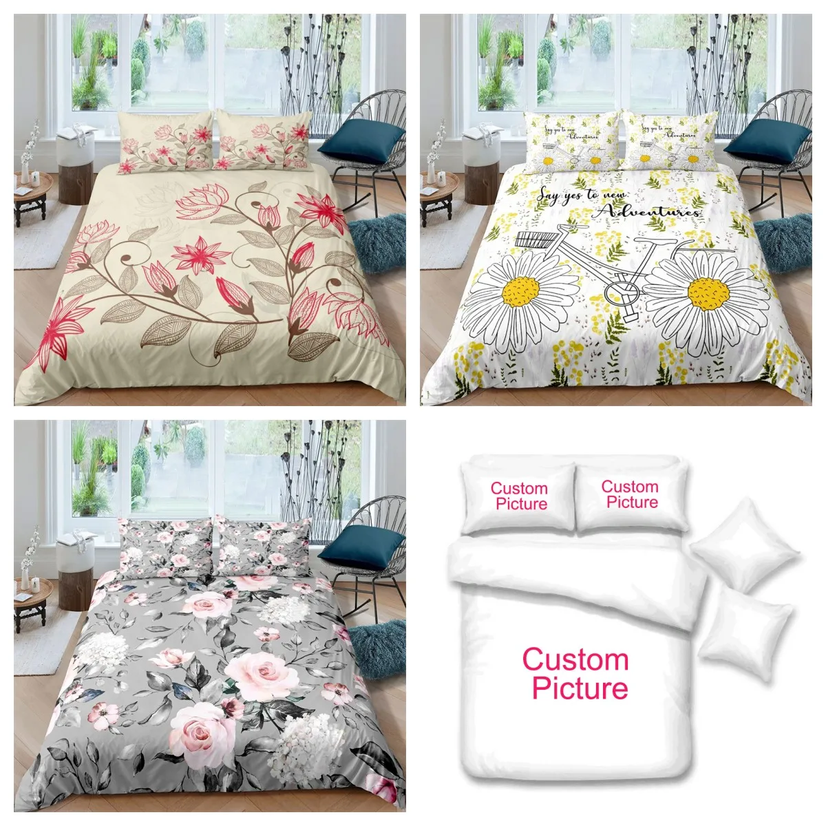 

Комплект постельного белья с 3D рисунком цветов, пододеяльник, одеяло, подушка, 3D Двойная, полная, двуспальная, односпальная, 3 шт.