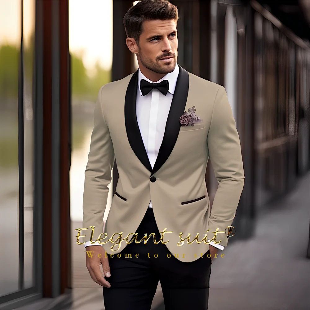 

Men's Khaki Wedding Black Shawl Collar Suit 2 Piece Suit (Single Button Jacket Black Trousers) Custom Handmade Dress