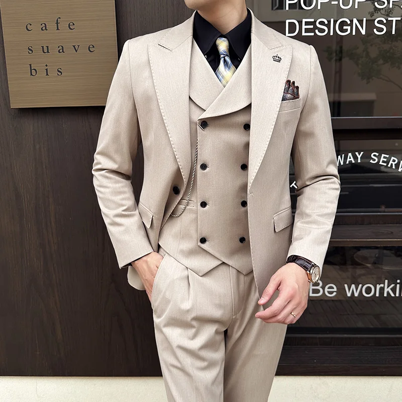 

(Coat+Pants+Vest) Men Business Casual Wedding Party Three Pieces Trousers Waistcoat Set Male Blazer Fashion Slim Fit Suits