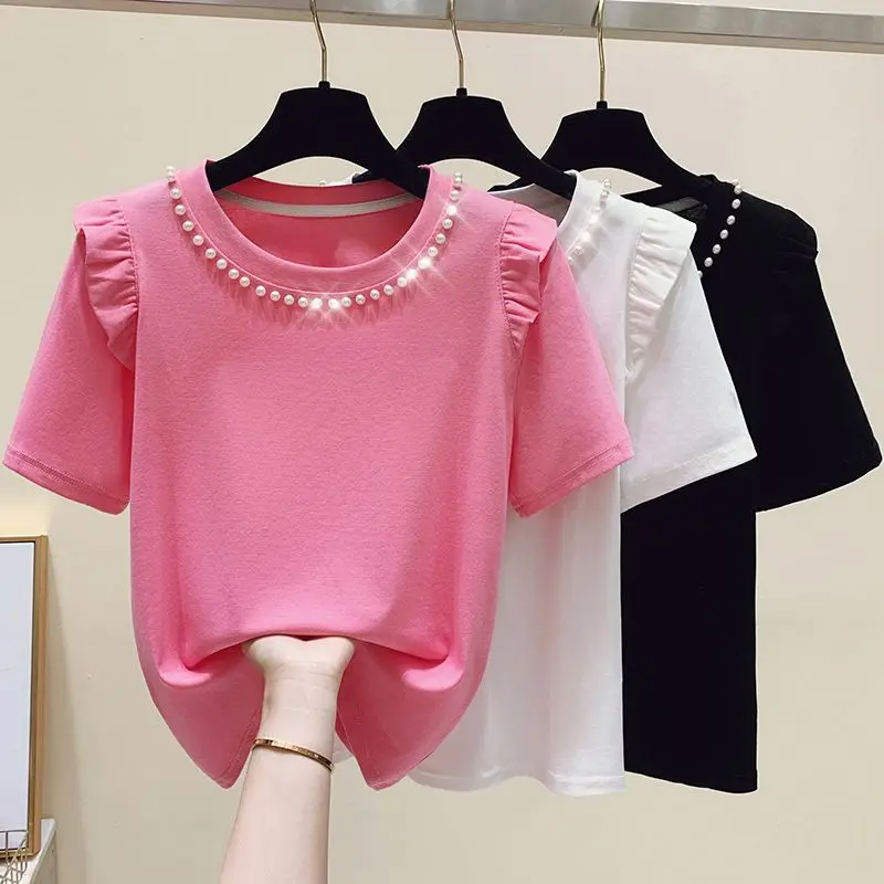 Summer Woman Clothing Slim Versatile T-shirt Korean New Ruffles Short Sleeve Beading Round Neck Female Basic Fashion Casual Tops
Summer Woman Clothing Slim Versatile T-shirt Korean New Ruffles Short Sleeve Beading Round Neck Female Basic Fashion Casual Tops