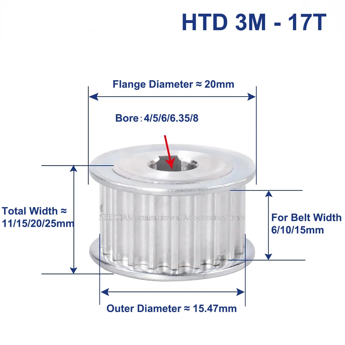 17 Teeth HTD 3M Synchronous Pulley Bore 4/5/6/6.35/8mm for Width 6/10/15mm HTD3M Timing Belt HTD3M Pulley Wheel 17Teeth 17T
17 Teeth HTD 3M Synchronous Pulley Bore 4/5/6/6.35/8mm for Width 6/10/15mm HTD3M Timing Belt HTD3M Pulley Wheel 17Teeth 17T