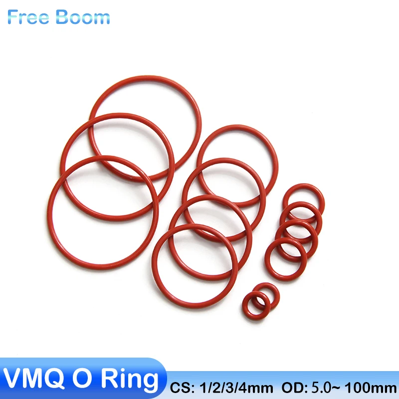 

50pcs Red VMQ O Ring Thickness CS 1/2/3/4mm OD 5-100mm Rubber Seal Rings Heat-Resistant Food Grade Silicone Gasket Seal Tool