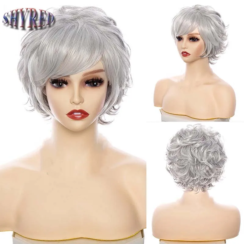 

Women's Fashion Short Synthetic Wigs Pixie Cut Silver Gray Hair Costume Party Wigs for Woman Fluffy Natural Curly Wavy Wig