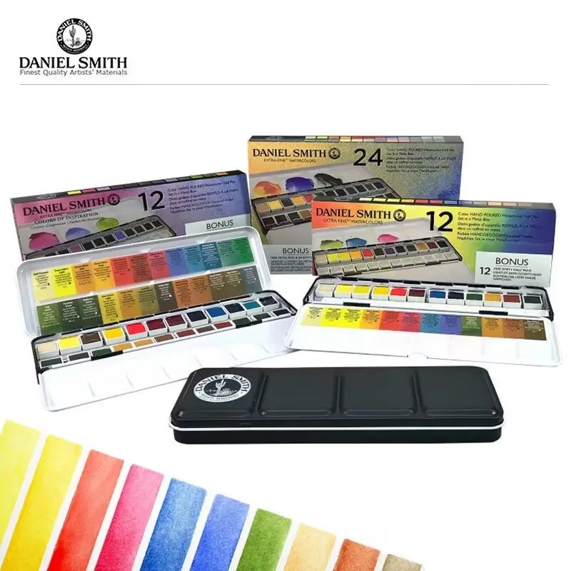 

American Daniel Smith Watercolor Paint Solid Pigment Metal Box 12/24 Colours Half Pans Watercolor Brush Acuarela Stationery