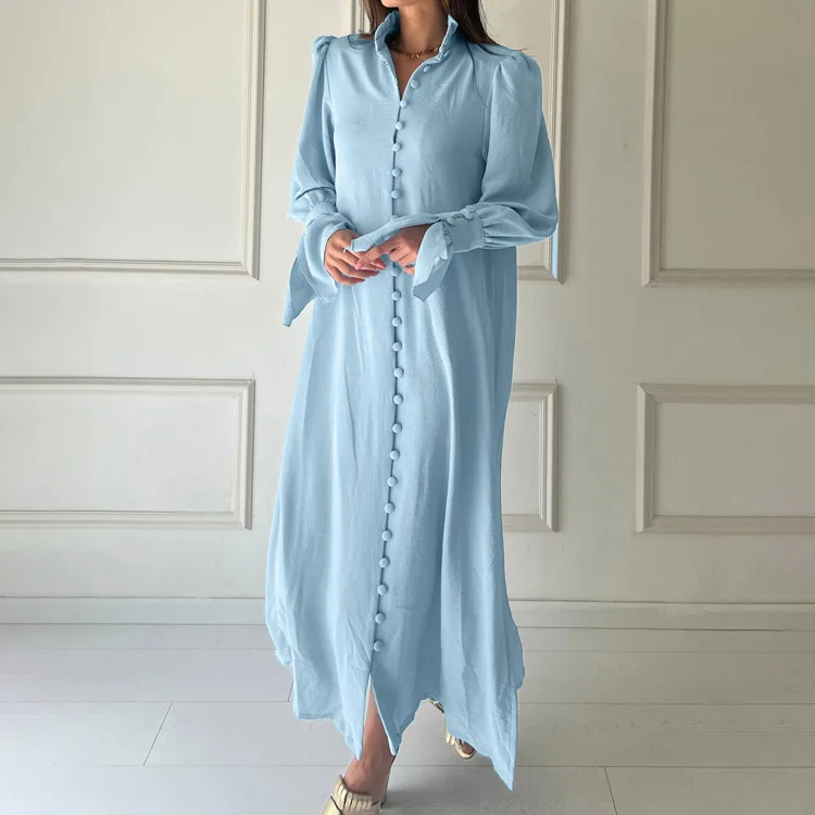 

2024 Early Spring New Solid Color Sleeved Standing Neck Design Sensory Shirt Women's French Casual Split Long Dress