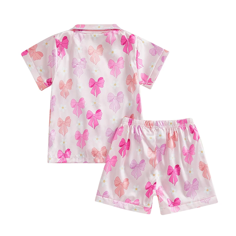 Summer Pajamas Set Bow Print Lapel Short Sleeve Button Down Tops with Shorts Kids Satin 2 Pieces Sleepwear Summer Pajamas Set Bow Print Lapel Short Sleeve Button Down Tops with Shorts Kids Satin 2 Pieces Sleepwear