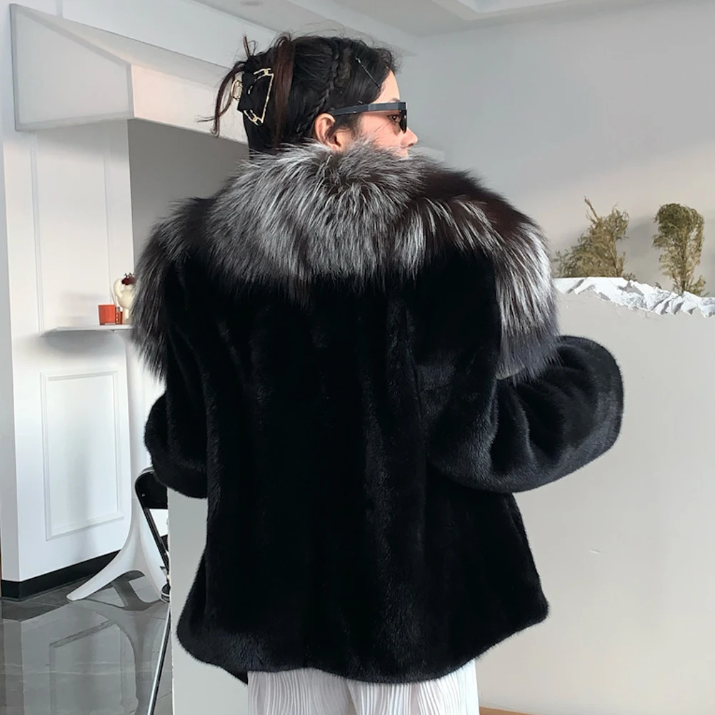 Denny&Dora Women's Mink Fur Coat Silver Fox Lapel Collar Woman Coat Black Fur Coat Denny&Dora Women's Mink Fur Coat Silver Fox Lapel Collar Woman Coat Black Fur Coat