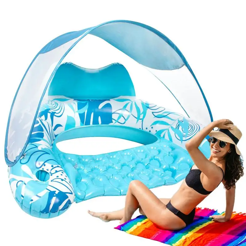 

Inflatable Swim Floaties Adult Float Lounge Chairs With Headrest Pool Float With Detachable UPF 50 Sunshade And Cup Holders