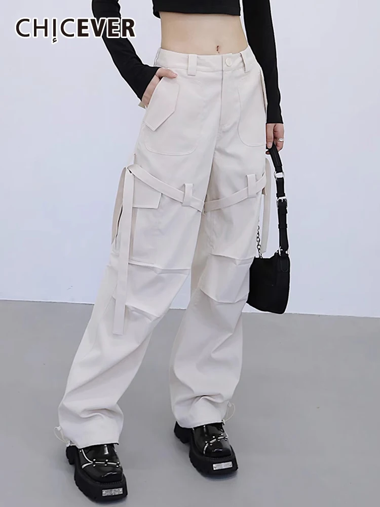 

CHICEVER Autumn Fashion Solid Cargo Pants For Women High Waist Spliced Pockets Streetwear Casual Minimalist Chic Trousers Female