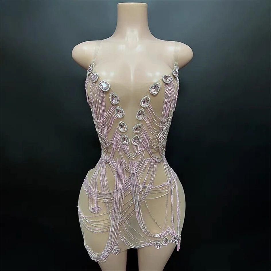 Luxury Rhinestones Sparkling Tassel Chain Pink Color Sexy Strapless Sheath Mini Dress Celebrate Evening Party Club Stage Costume
Luxury Rhinestones Sparkling Tassel Chain Pink Color Sexy Strapless Sheath Mini Dress Celebrate Evening Party Club Stage Costume