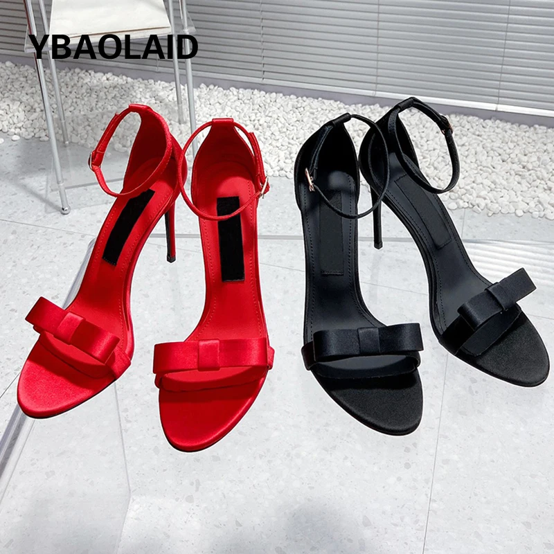 

Runway Style High Heel Sandals Women Summer Shoe Butterfly Knot Decor One Line Band Ankle Strap Silk Leather Party Wedding Shoes