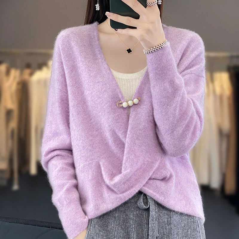 Spring and Autumn New 100% Wool Sweater Women's Fashion Cross V-neck Pullover Loose Casual Long sleeved Knitted Solid Bottom Top
Spring and Autumn New 100% Wool Sweater Women's Fashion Cross V-neck Pullover Loose Casual Long sleeved Knitted Solid Bottom Top