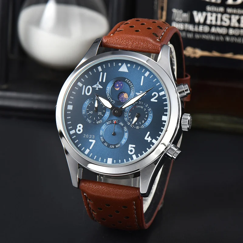 

Aviator Design Quartz Watches for Men Leather Strap Chronograph Daily Waterproof Automatic Date AAA Male Clocks Free Shipping