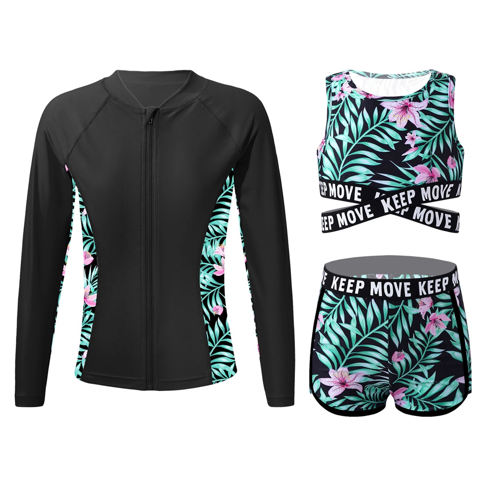 

Kids Girls Printed Swimwear Set Long Sleeve Zipper Outwear with Sleeveless Round Neck Criss Cross Waistline Crop Top And Shorts