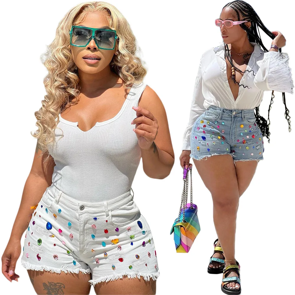 

Plus Size Summer Denim Shorts Women Mid Waist Ripped Frayed Hem Tessles Stretchy Jean Shorts With Pockets Women's Summer Shorts