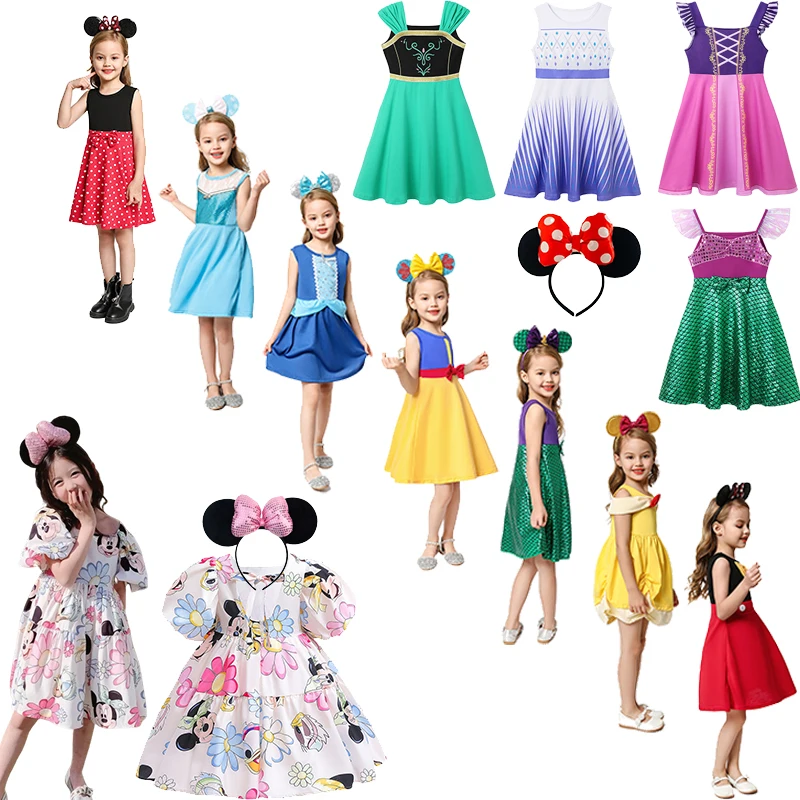 

Disney Mickey Minnie Mouse Puff Princess Dress for Girl Cute Summer Holiday Dress 2024 Frozen Elsa Anna Costumes Party Clothings