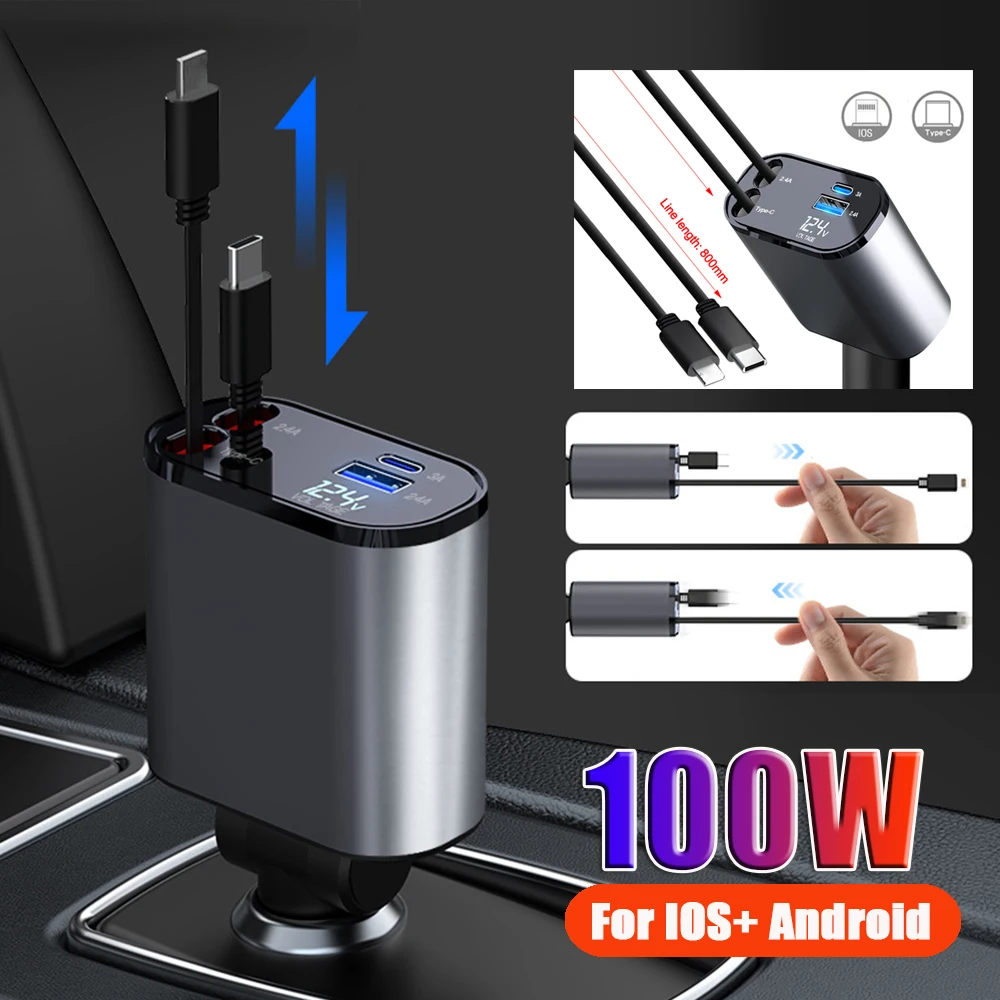 Быстрое зарядное устройство PD + USB 100 Вт с 2 выдвижными кабелями Тип C, быстрое автомобильное зарядное устройство для телефона, вольтметр 4 в 1, адаптер питания для IPhone, IPad
Быстрое зарядное устройство PD + USB 100 Вт с 2 выдвижными кабелями Тип C, быстрое автомобильное зарядное устройство для телефона, вольтметр 4 в 1, адаптер питания для IPhone, IPad