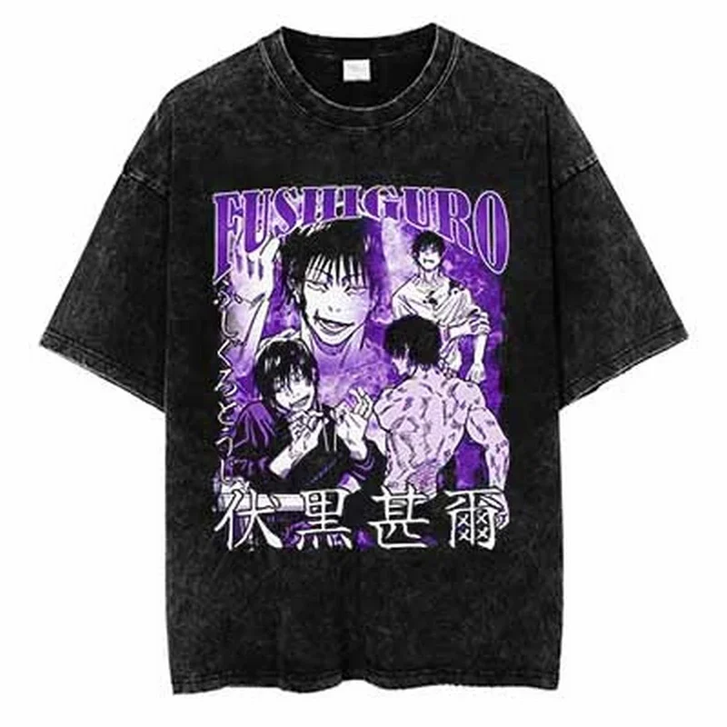 

Cartoon Comic Graphic Print Washed Tshirt Streetwear Distressed Vintage Japanese Anime T-Shirt 2024 Hip Hop Harajuku Tops ZS13