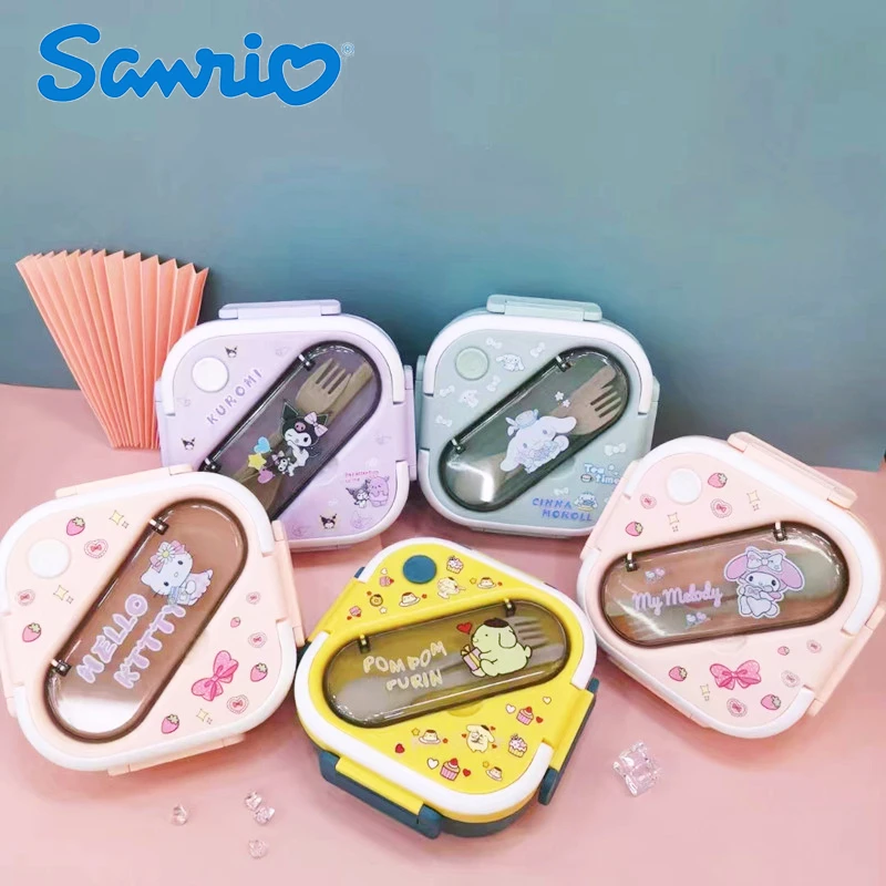 

Sanrio Lunch Box Hello Kitty Kuromi Square Portable Three-Piece Lunch Box Fork Spoon Crisper Box Portable Student Tableware Gift