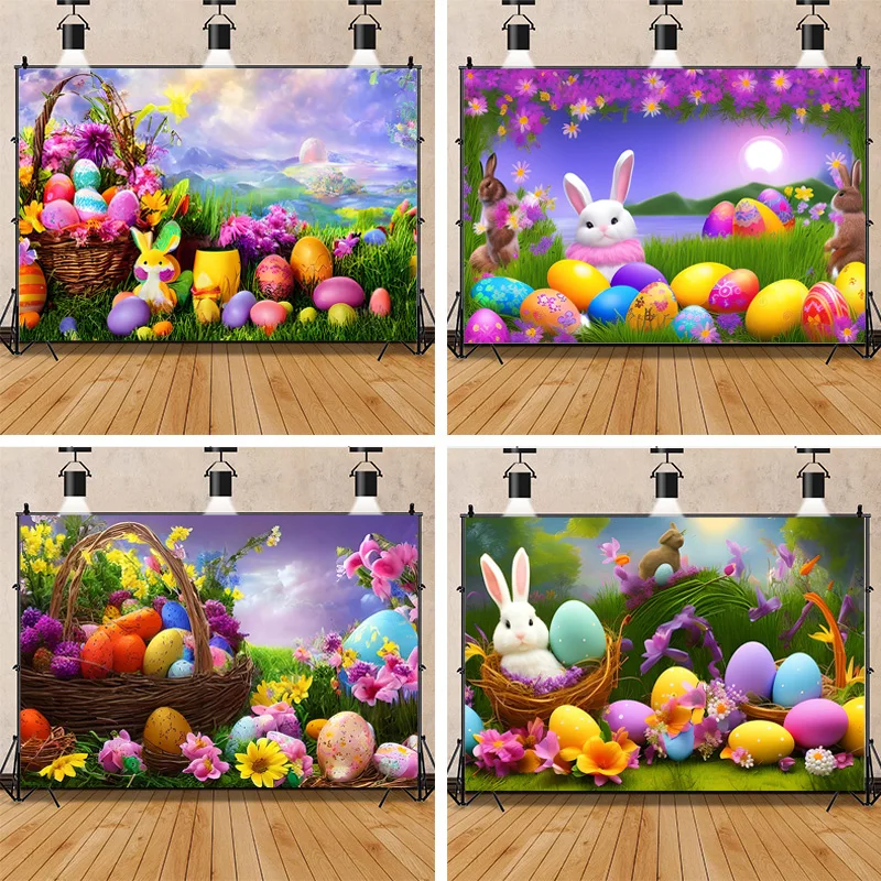 

ZHISUXI Colorful Easter Scene Background Spring Eggs And The Cute Rabbits On The Grass Photography Backdrops Props FE-03
