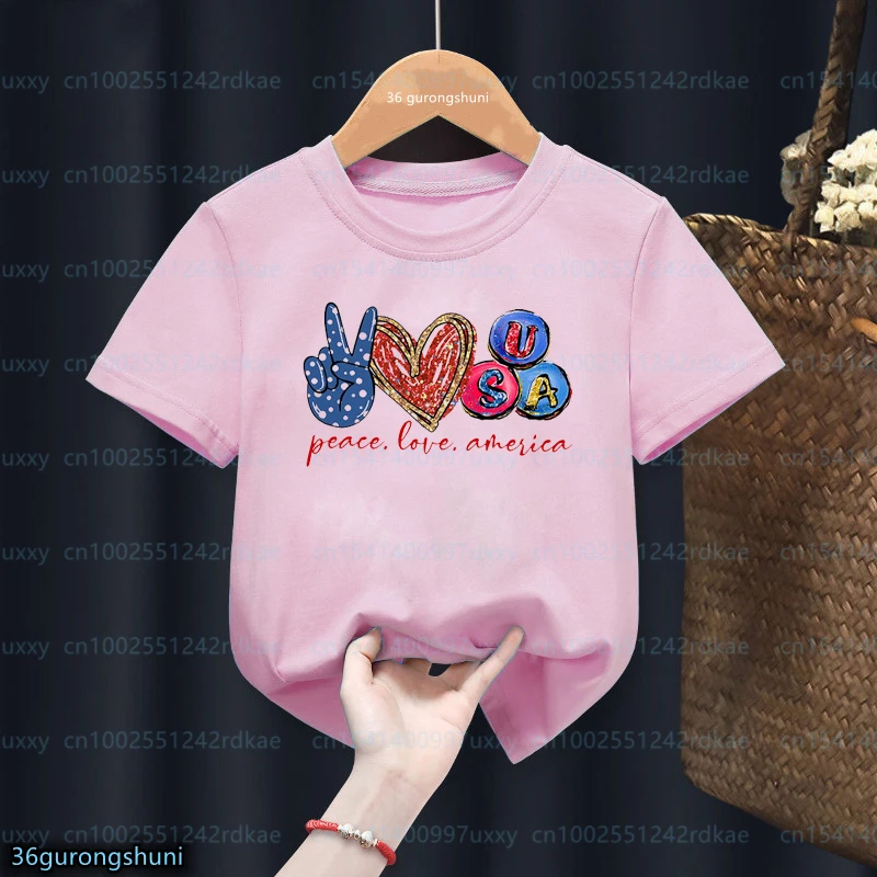 

T-Shirts For Girls 4th Of July Peace Graphic Print Girls Pink Clothes Summer Children Tshirts Young Children Tees tops wholesale