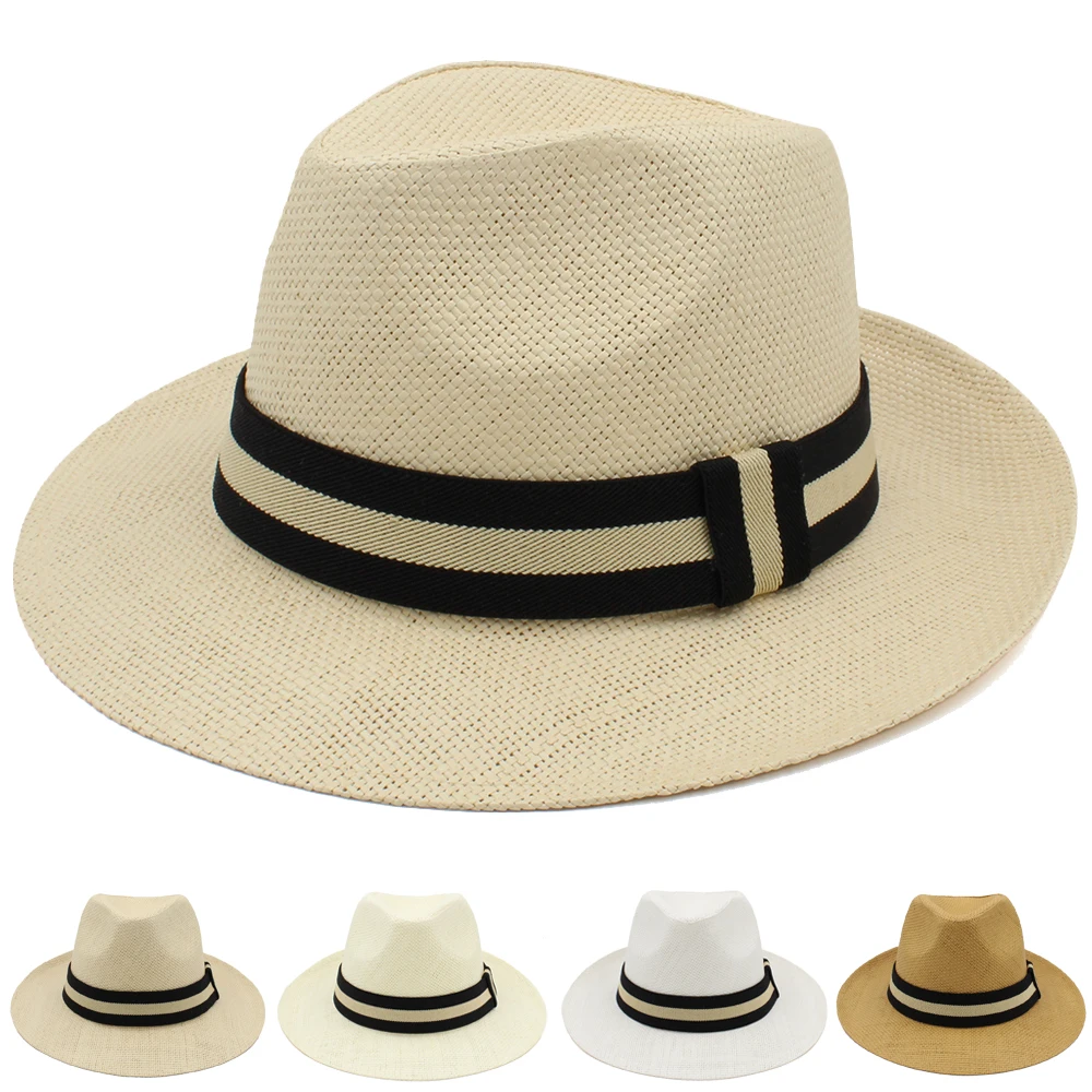 

Men Women Straw Panama Hats Summer Sunhat Classical Wide Brim Cap Sombrero Beach Fedora Trilby Outdoor Travel US Size 7 1/4 UK L