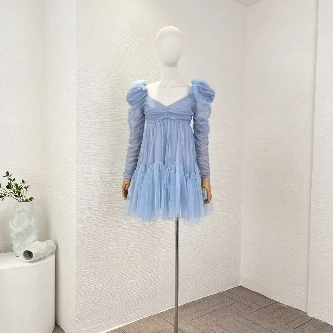 

2023 New Top Quality Baby Blue Mesh Puff Sleeves Wide Neckline Backless Mini High Waist Princess Dress for Women