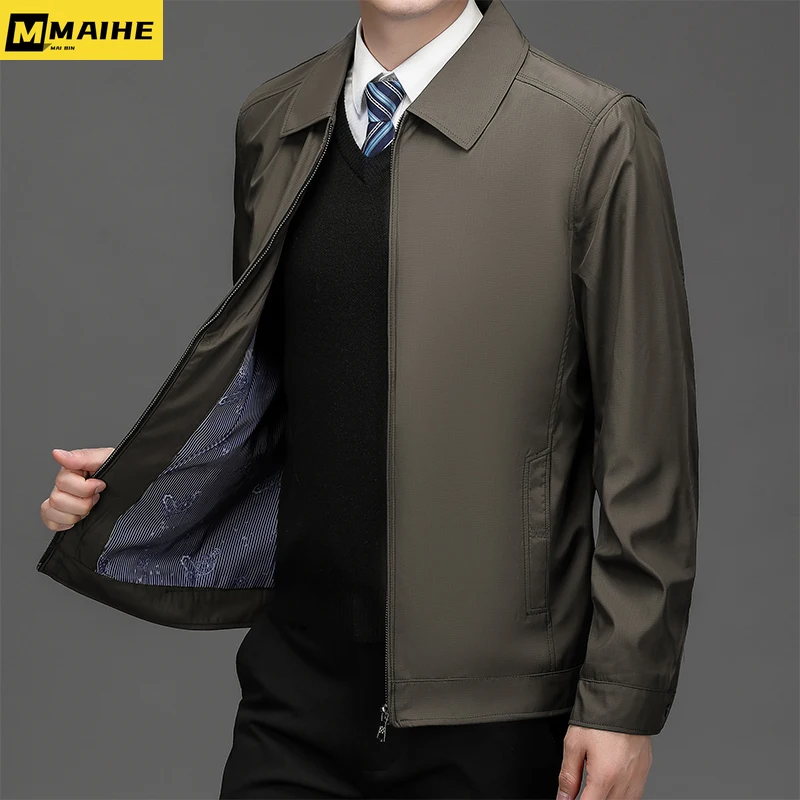 

Куртка мужская деловая с отложным воротником, брендовая Повседневная Верхняя одежда на молнии для мужчин среднего возраста, офисная одежда для отца