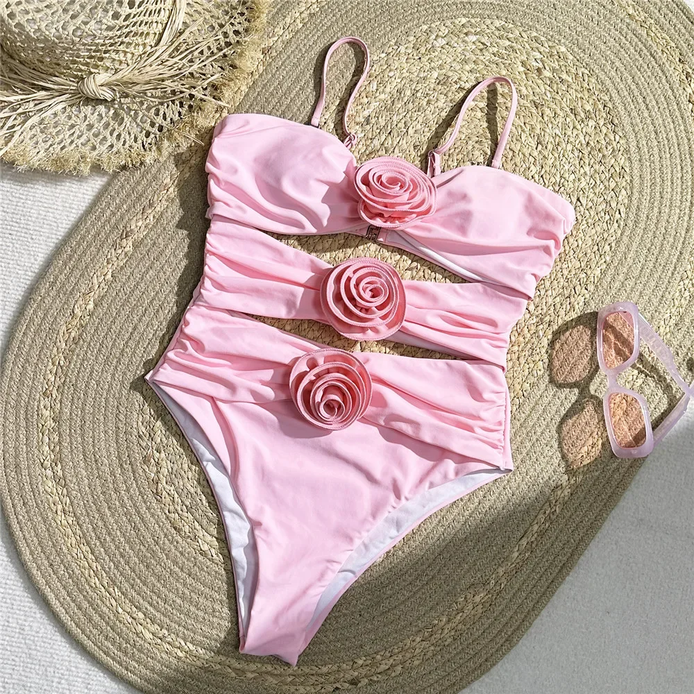 

Sexy Pink 3D Flower Swimwear Woman One Piece Swimsuits Female Cut Out Monokini Bathing Swimming for Women Bathers Swim 2024 New