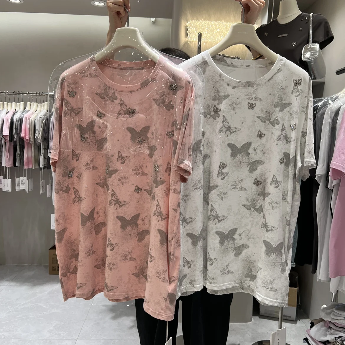 

YUDX 2024 New Summer Mid-long Women Tshirts Diamond Butterfly Tie-dye Pullover Oversize Top All-match Short Sleeve Cotton Tees