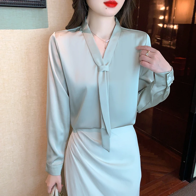 

Satin Women's Blouses 2023 OL Autumn Korean Fashion White Shirt Tie Up Base Casual Women Tops V-neck Long Sleeve Elegant Blouses