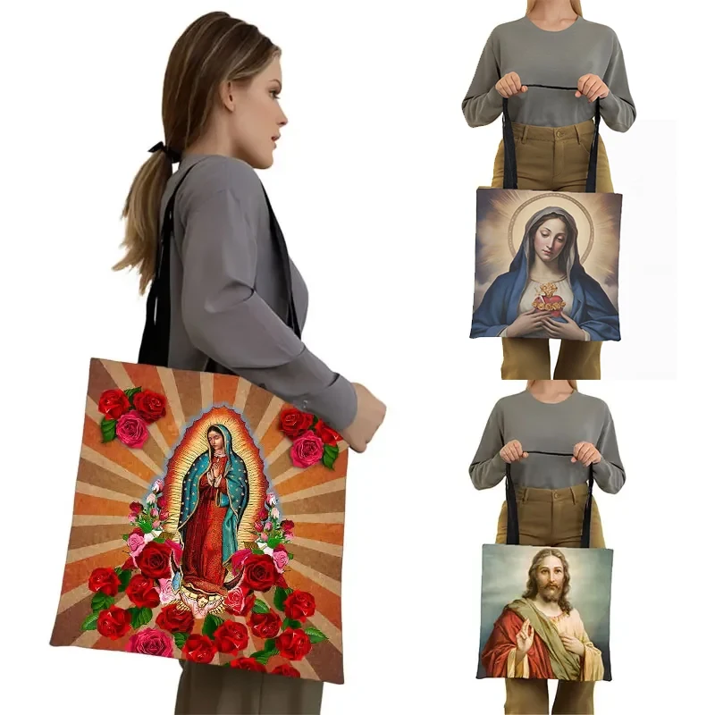 

Our Lady of Guadalupe Virgin Mary Print Shoulder Bag Catholic Churches Tote Bags Jesus Large Capacity Shopper Bag Christian Gift