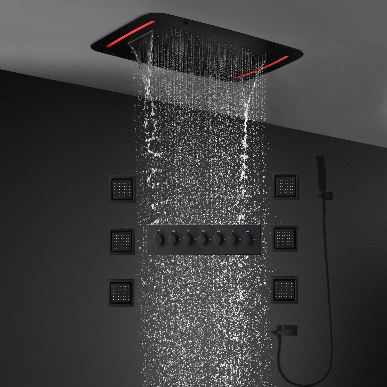 

Luxury Bathroom Large LED Shower System Set Ceiling Waterfall Rainfall Shower Head Thermostatic Black Faucet Massage Body Jet