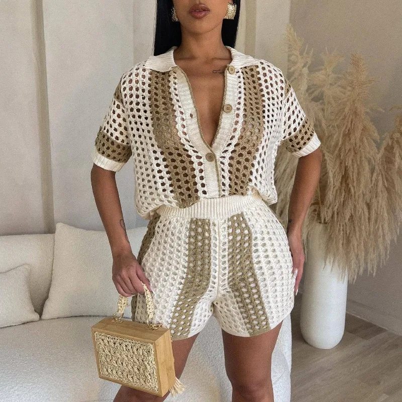 Womens Suits Sexy Hollowed Out Perspective Lapel Knitted Shorts Set for Women
Womens Suits Sexy Hollowed Out Perspective Lapel Knitted Shorts Set for Women