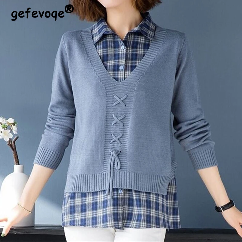 Women Autumn Winter Fake 2 Pieces Pullover Sweater Turn-down Collar Plaid Shirt Patchwork Long Sleeve Casual Knitted Jumper Lady
Women Autumn Winter Fake 2 Pieces Pullover Sweater Turn-down Collar Plaid Shirt Patchwork Long Sleeve Casual Knitted Jumper Lady