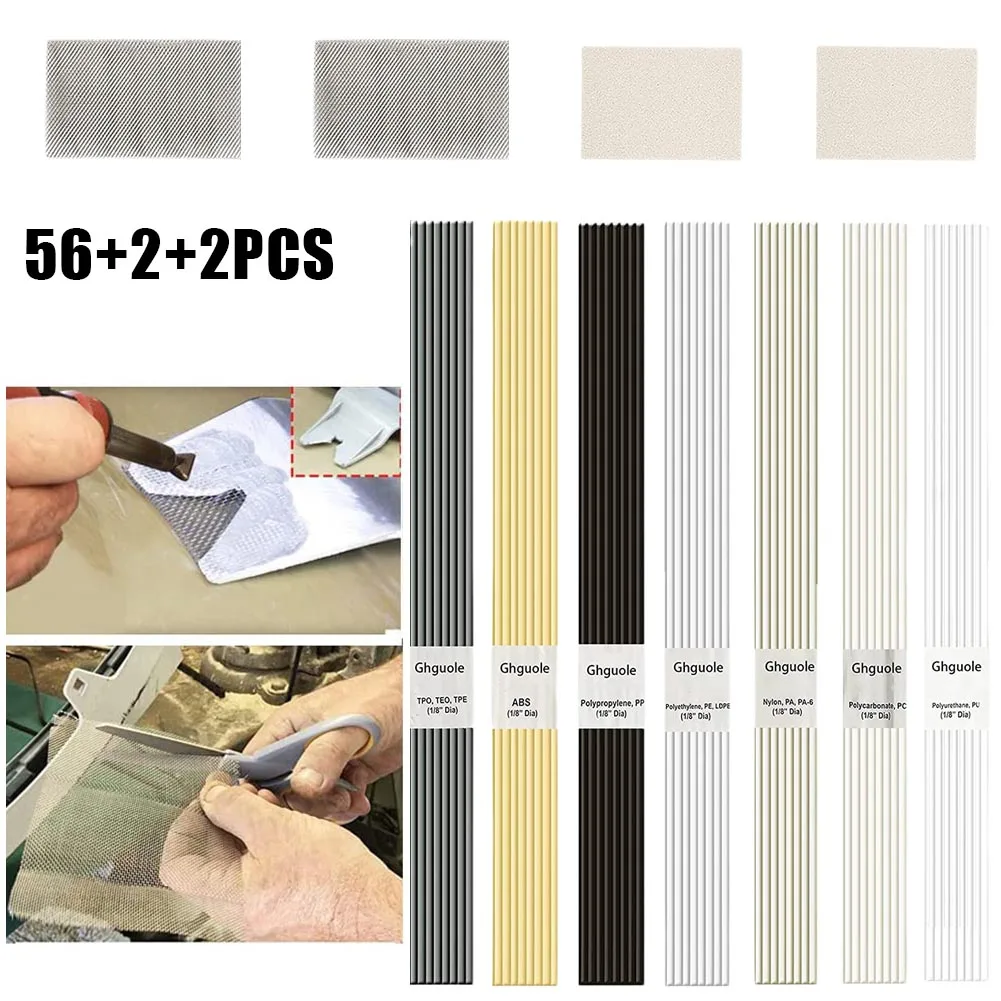 60 Piece Set of Plastic Welding Rods with Seven Common Materials Stainless Steel Mesh and Sandpaper for Smooth Repairs
60 Piece Set of Plastic Welding Rods with Seven Common Materials Stainless Steel Mesh and Sandpaper for Smooth Repairs