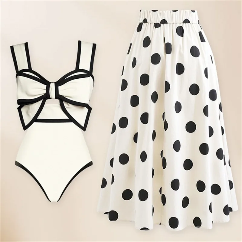 

2024 Summer Black White One Piece Swimsuits Beach Style 3D Bow-tie Sleeveless Tops Polka Dot Skirts Two Pieces Sets For Women