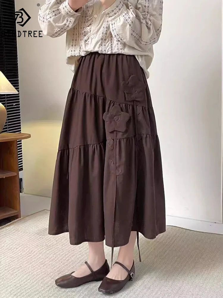 

New Spring Cotton Retro Skirts Women Elastic Waist 3D Floral Skirt Mori Girl Sweet Literature OL Skirt 2024 Summer B45302QM