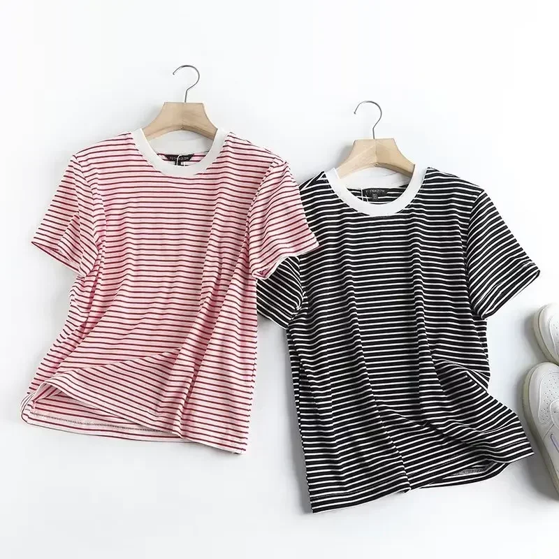 

Women's 2023 Fashion New Contrast Neckline Short Sleeve T-shirt Women's Cotton Striped T-shirt O-neck T-shirt Casual Loose Top