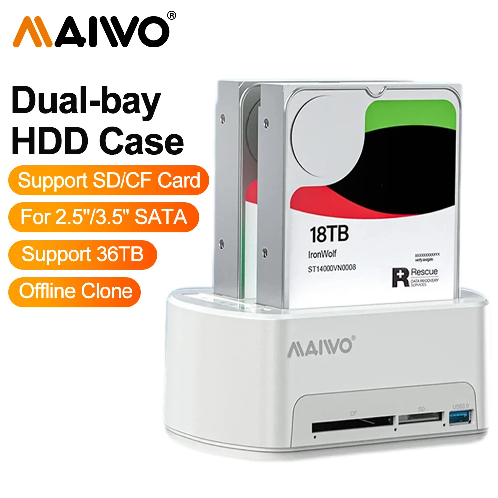 

MAIWO Double Bay Hard Drive Box USB Hard Drive Docking Station for 2.5" / 3.5" SATA HDD SSD Offline Cloner Duplicator Function