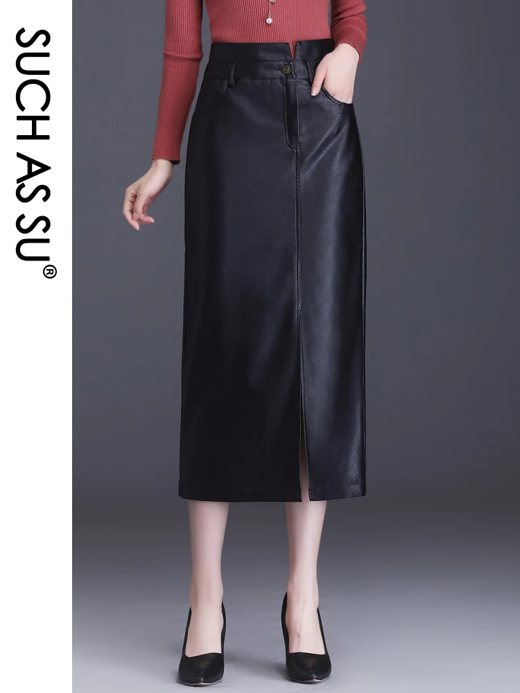 

SUCH AS SU New Fashion 2023 PU Leather Skirts Women Black Brown High Waist Occupation Work Ladies Pencil S-3XL Size Y2K Skirt