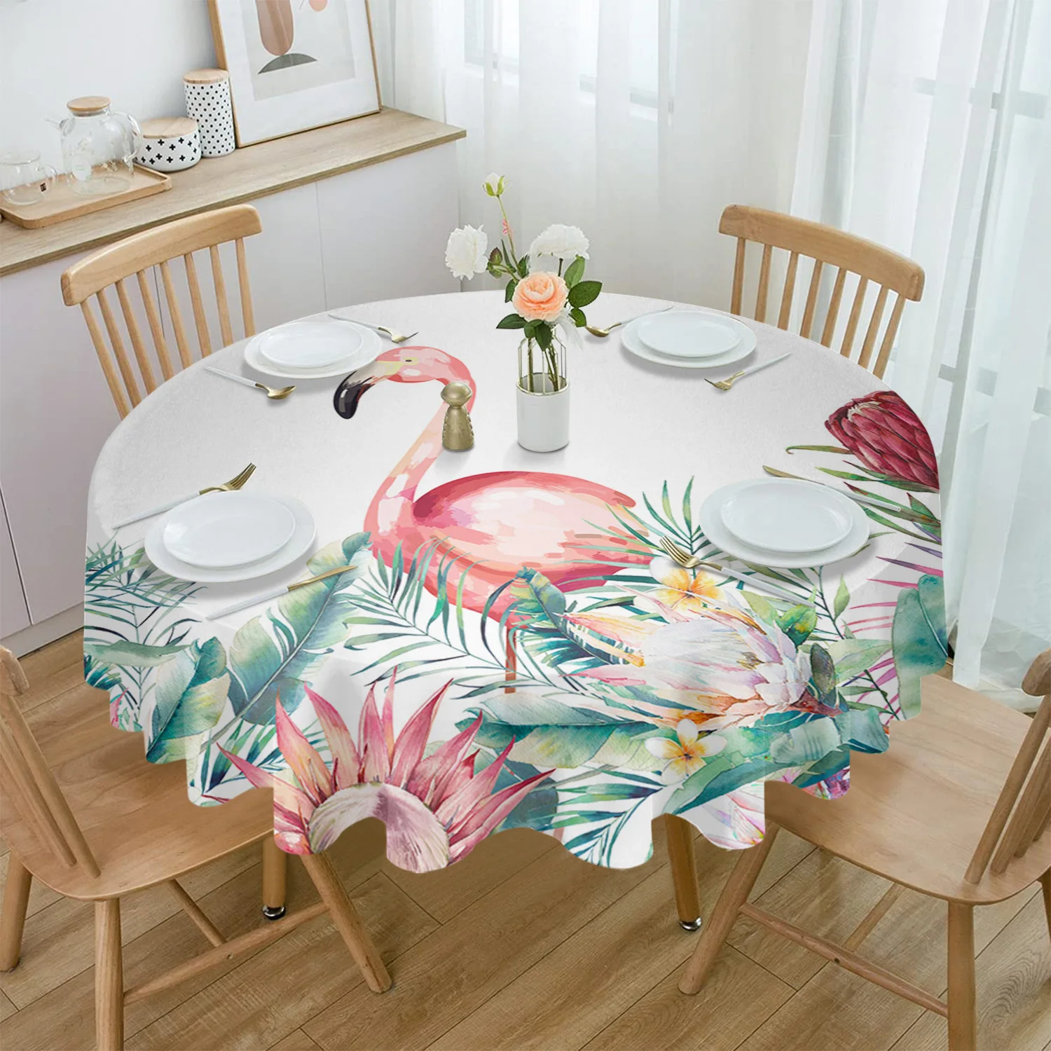 

Ins Style Tropical Plants Flamingos Round Tablecloth Wedding Hotel Table Cover Holiday Dining Table Waterproof Tablecloth