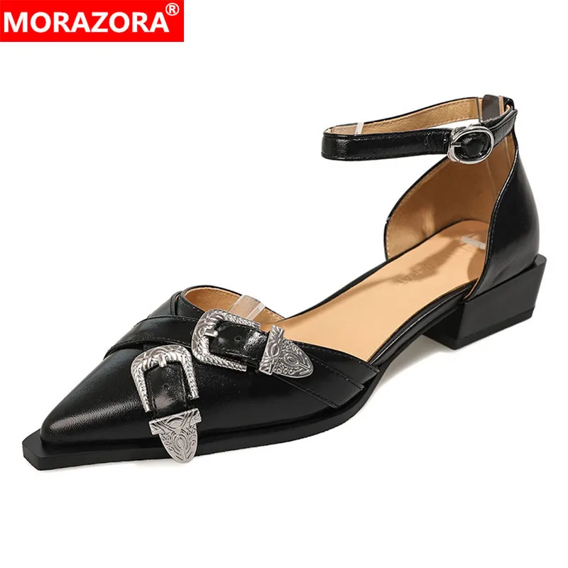 

MORAZORA 2024 New Genuine Leather Shoes Women Sandals Mid Heels Buckle Black Beige Summer Ladies Punk Office Dress Shoes