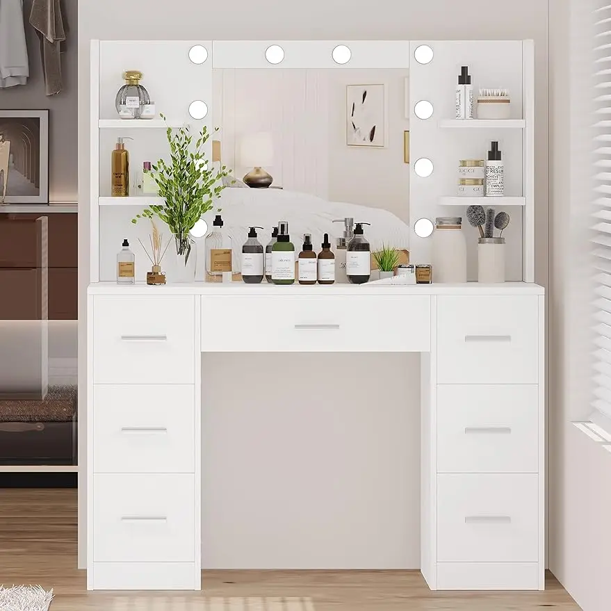 Vanity Desk, Makeup Vanity with 10 LED Lights & 7 Metal Sliding Drawers, Brightness Adjustable, Vanity Table with 6 Open
Vanity Desk, Makeup Vanity with 10 LED Lights & 7 Metal Sliding Drawers, Brightness Adjustable, Vanity Table with 6 Open